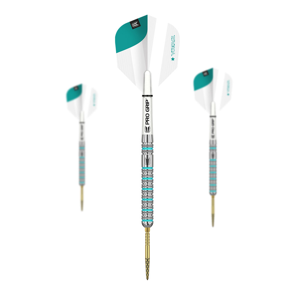 Das Bild zeigt drei Target Rob Cross GEN2 Swiss Point Steeldarts. Die Darts haben silberne und türkisfarbene Details sowie weiße Flights mit PRO GRIP Schäften.